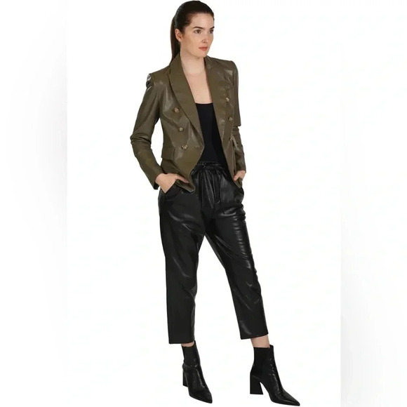 LOVE TOKEN Nellie vegan leather double breasted chocolate brown blazer sz L - Picture 11 of 11